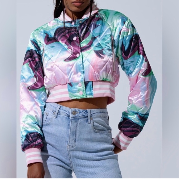 AKIRA Jackets & Blazers - AKIRA Multicolor Satin Bomber Jacket